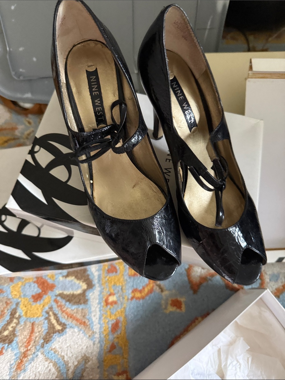 Nine West Black Patent Peep-Toe T-Strap Heels